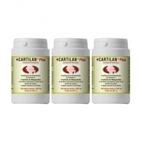 Lot de 3 Cartilan Plus 3x180 gélules Han Biotech, glucosamine mangoustan vitamine C Bio santé senior
