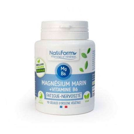 Magnésium marin Vitamine B6 40 gélules Nat et Form, magnésium vitamine B6, bio sante senior