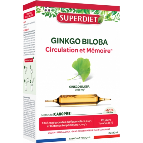 Ginkgo Biloba Bio Circulation Mémoire 20 ampoules de 10ml Super Diet protection cerveau Bio sante senior