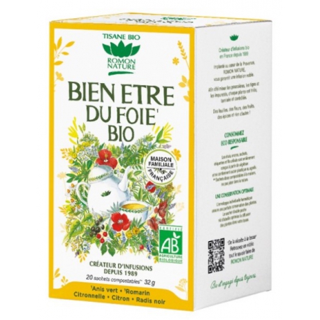 Tisane Bien-être du Foie bio 20 sachets Romon Nature digestion vésicule biliaire Bio sante senior