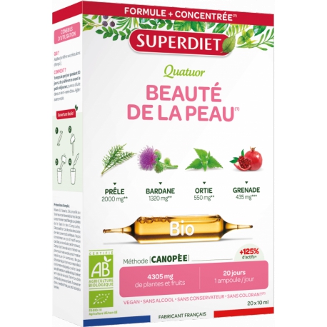 Quatuor Beauté de la peau bio 20 ampoules de 10ml Super Diet pureté de la peau bardane ortie Bio santé sénior