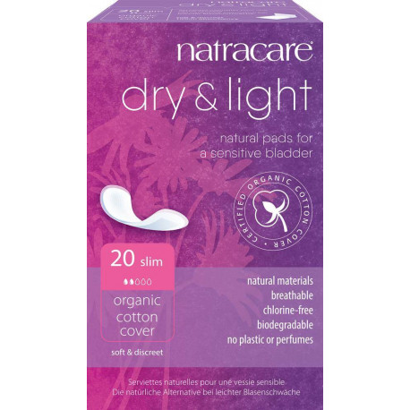 Serviettes incontinence légère Lot de 20 Natracare pour contrôler la légère incontinence dry and light slim