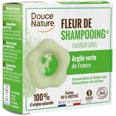 Fleur de Shampooing solide cheveux gras Ortie Karité Argile verte 85gr Douce Nature pureté nutrition Bio santé sénior