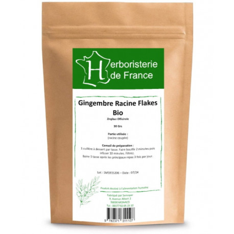 Tisane Gingembre racine BIO 30 gr Herboristerie de France zingiber officinalis tonus digestion Bio santé sénior