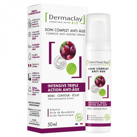 Soin complet intensive triple action anti âge 50ml Dermaclay arbutine acide hyaluronique macadamia Bio santé sénior