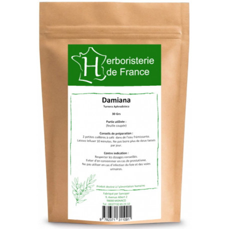 Tisane Damiana feuille coupée 30 gr Herboristerie de France tonus vitalité vigueur Bio santé sénior