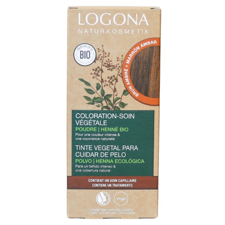 Coloration soin végétale Brun ambré 100gr Logona pour les cheveux chatain reflets cuivrés Bio santé sénior