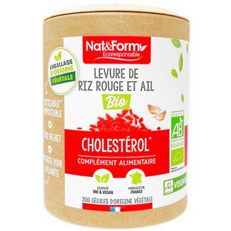 Levure de riz rouge bio et Ail bio 200 gélules Nat et Form bulbe d'ail anti cholestérol Bio santé sénior