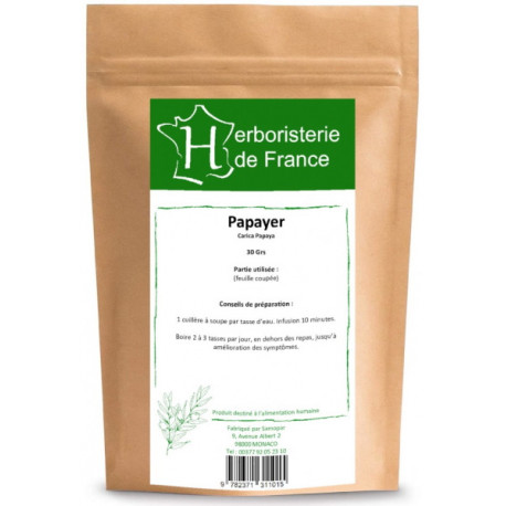 Tisane de Papayer Feuilles 30gr Herboristerie De France infusion de papaye Bio santé sénior