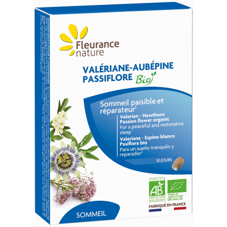 Valériane Aubépine Passiflore Bio 60 comprimés Fleurance Nature sommeil et plénitude 1 mois de cure Bio santé sénior