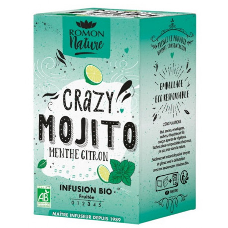 Infusion Crazy Mojito menthe citron bio 16 sachets Romon Nature fou de mojito relaxation Bio santé sénior