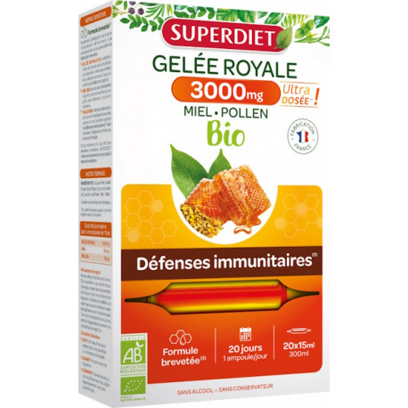 Gelée Royale bio Miel Pollen 3000 mg 20 ampoules de 15ml Super Diet Bio santé sénior