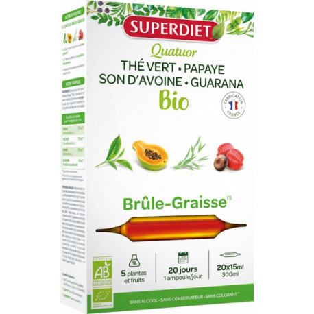 Quatuor Thé vert Papaye son d'avoine guarana bio 20 ampoules de 15ml Super Diet bio sante senior