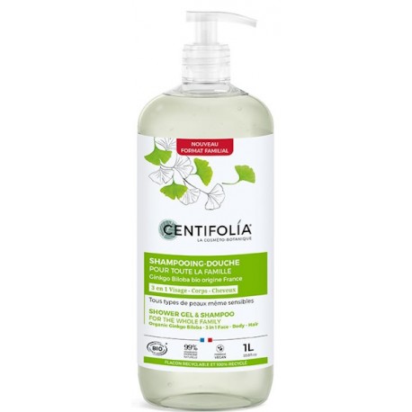 Shampoing Douche pour toute la famille 1 Litre Centifolia ginkgo aloé véra peptides de pois Bio santé sénior