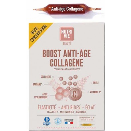 Boost Anti âge collagène 20 ampoules buvables Nutrivie collagène marin de type 1 bardane prêle Bio santé sénior
