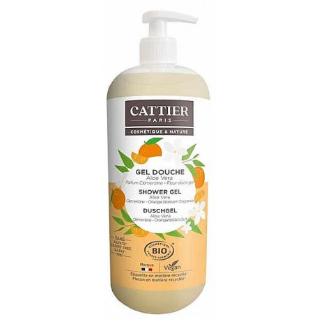 Gel douche sans sulfate parfum Clémentine Fleur d'oranger 1 Litre Cattier aloe vera peau sensible Bio santé sénior