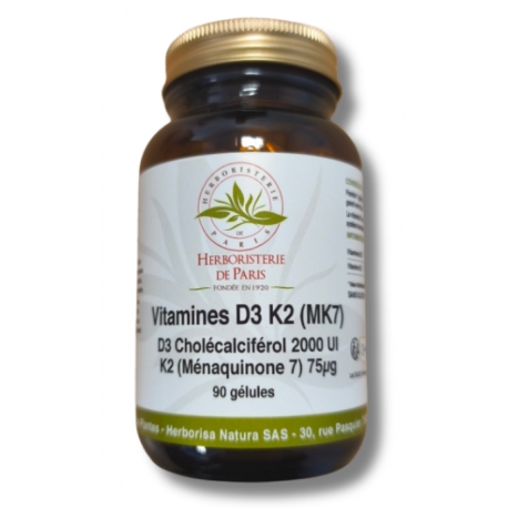 Vitamine D3 2000UI Vitamine K2 90 gélules Herboristerie de Paris immunité et ossature normale Bio santé sénior