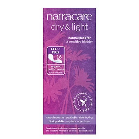 Serviettes incontinence légère Dry and Light Plus x16 Natracare couche supérieure en coton bio Bio santé sénior