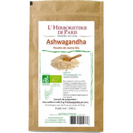 Ashwagandha bio poudre de racine 100gr Herboristerie de Paris stress et relaxation plante adaptogène Bio santé sénior