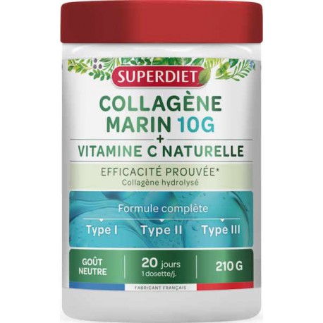 Collagène Marin 10g - Vitamine C poudre 210g SuperDiet naticol cartidyss Bio santé sénior articulations