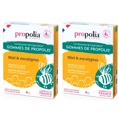 Gommes de Propolis Miel et Eucalyptus Lot de 2 boîtes de 45g Propolia propolis française purifiée Bio santé sénior