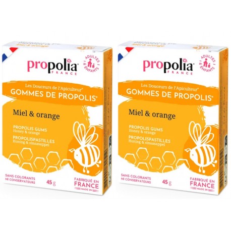 Gommes de Propolis Miel et Orange lot de 2 boites de 45g Propolia propolis purifiée Bio santé sénior