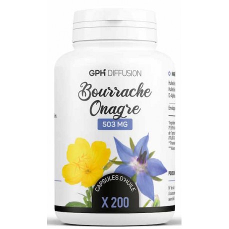 Bourrache Onagre Ecocert bio 503mg 200 capsules GPH Diffusion huile d'onagre bio huile de bourrache bio Bio santé sénior