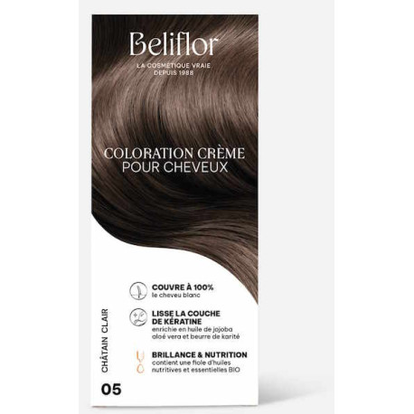 Coloration Crème pour Cheveux 05 Chatain Clair Beliflor pour les cheveux chatain Bio santé sénior